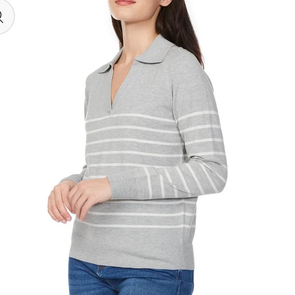 LOFT Light grey and White Striped V-Neck Sweater - Picture 2 of 6